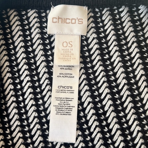 Chico’s Black & White Knit Asymmetrical Hemline Pullover Style Poncho Sweater - Picture 4 of 8